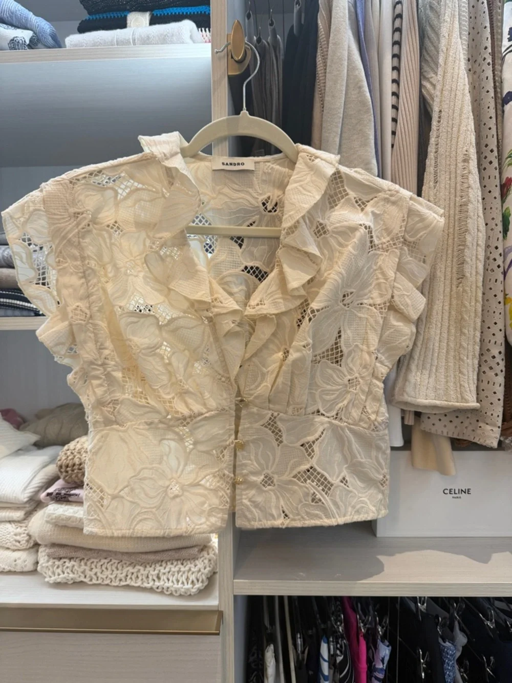 Sandro Cream Lace Ruffle Button-Front Top - Picture 3 of 9